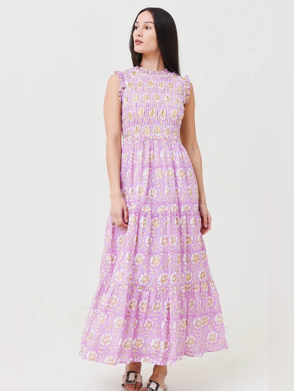 Oliphant Lilac Metallic Sleeveless Smocked Maxi Summer Dress Sz M